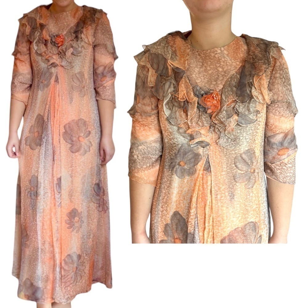 Maggie Reeves vintage Orange  Floral flowy dress couture 1970 - 1980 rare